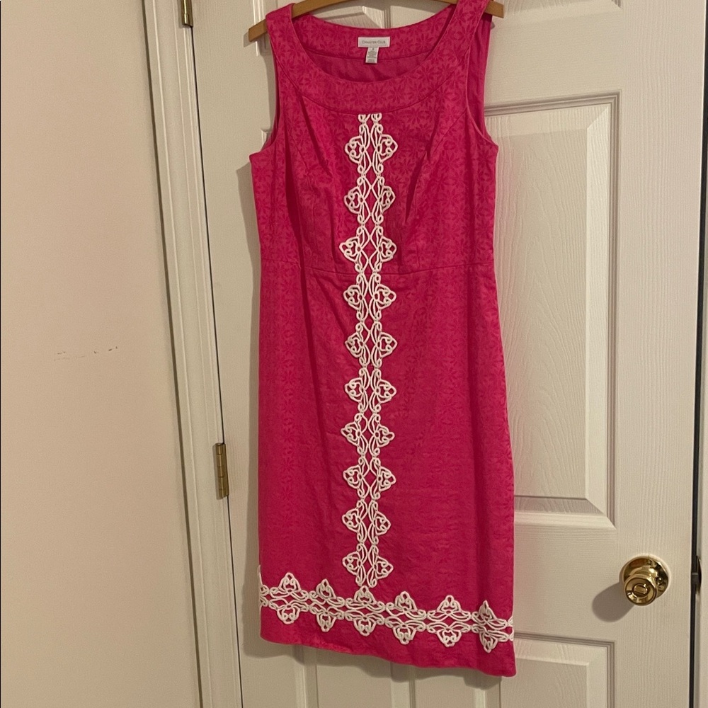 Charter Club striking pink sleeveless dress. Lovely white lace trim. Size 8.